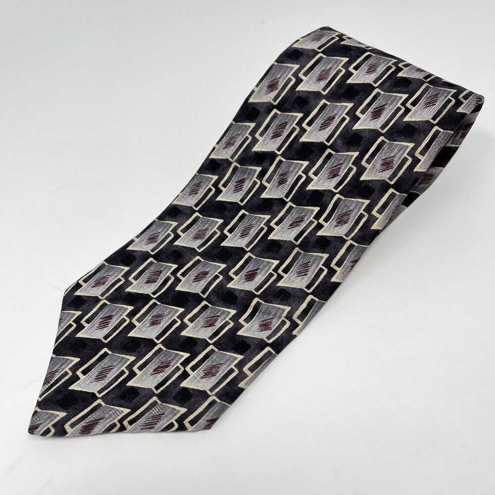 Savane Tie‎ 100% Silk Black Cream Burgundy Modern Length 57 in  Width 4 in